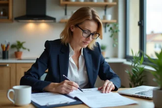 Femme en costume navy examinant des documents de prêt immobilier