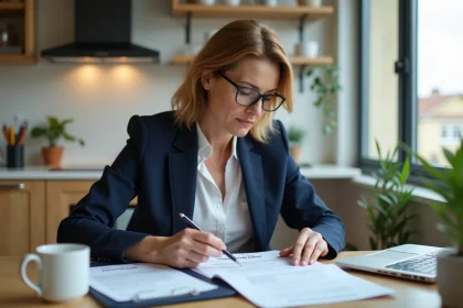 Femme en costume navy examinant des documents de prêt immobilier