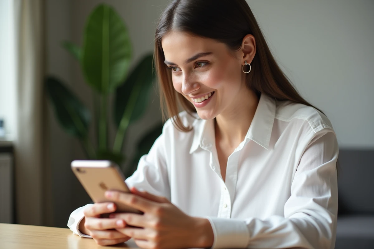 Jeune femme professionnelle souriante avec smartphone dans un salon moderne