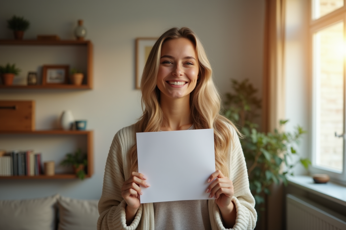 Jeune femme heureuse tenant une lettre dans un salon lumineux