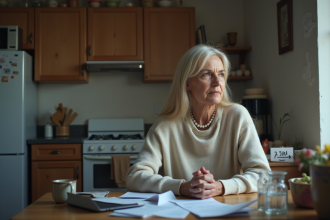 Femme pensant dans sa cuisine modeste et chaleureuse