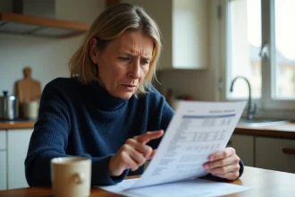 Femme inquiète examinant un relevé bancaire avec un prélèvement suspect ADIS à bloquer