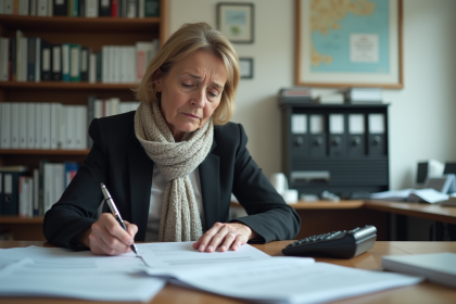 Femme d'&acirc;ge moyen en blazer &eacute;tudie des documents de retraite