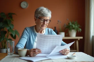 Femme retraitée consultant son calendrier de paiement de retraite complémentaire à domicile