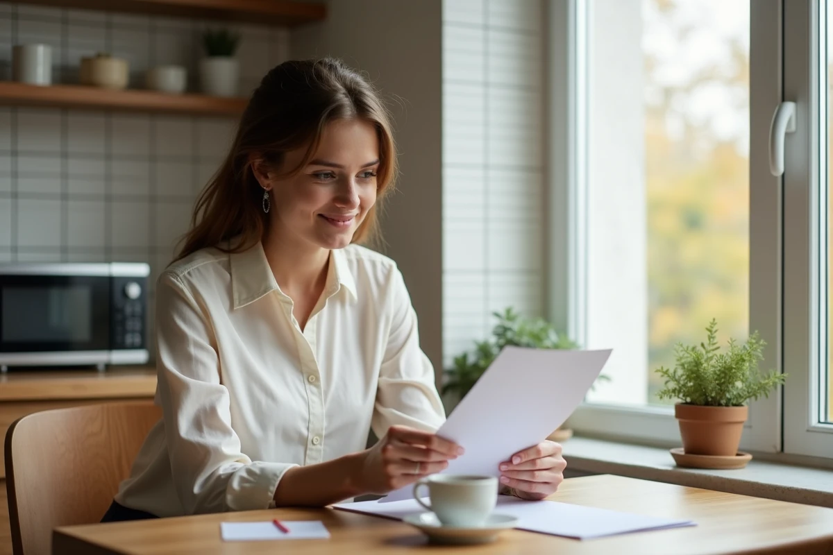 Jeune femme regarde son bulletin de salaire à la maison