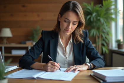 Femme professionnelle signant des papiers au bureau