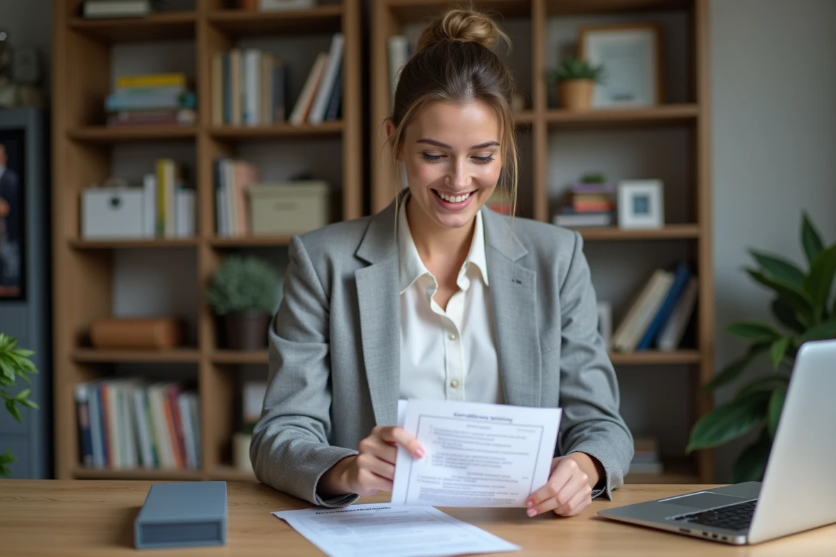 Femme consultant une simulation de gains EuroMillions Étoile+ dans un bureau à domicile