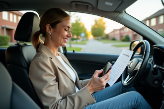 Femme souriante avec assurance dans sa voiture compacte