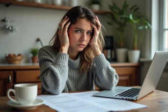 Femme stressée devant des documents Pôle emploi et un ordinateur portable, illustrant les erreurs de versement en 2026