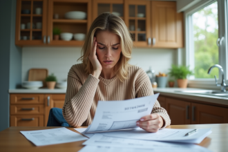 Femme inquiète étudie ses relevés bancaires à la maison