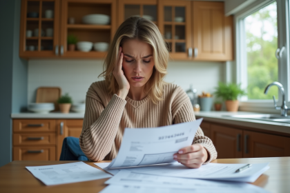 Femme inquiète étudie ses relevés bancaires à la maison