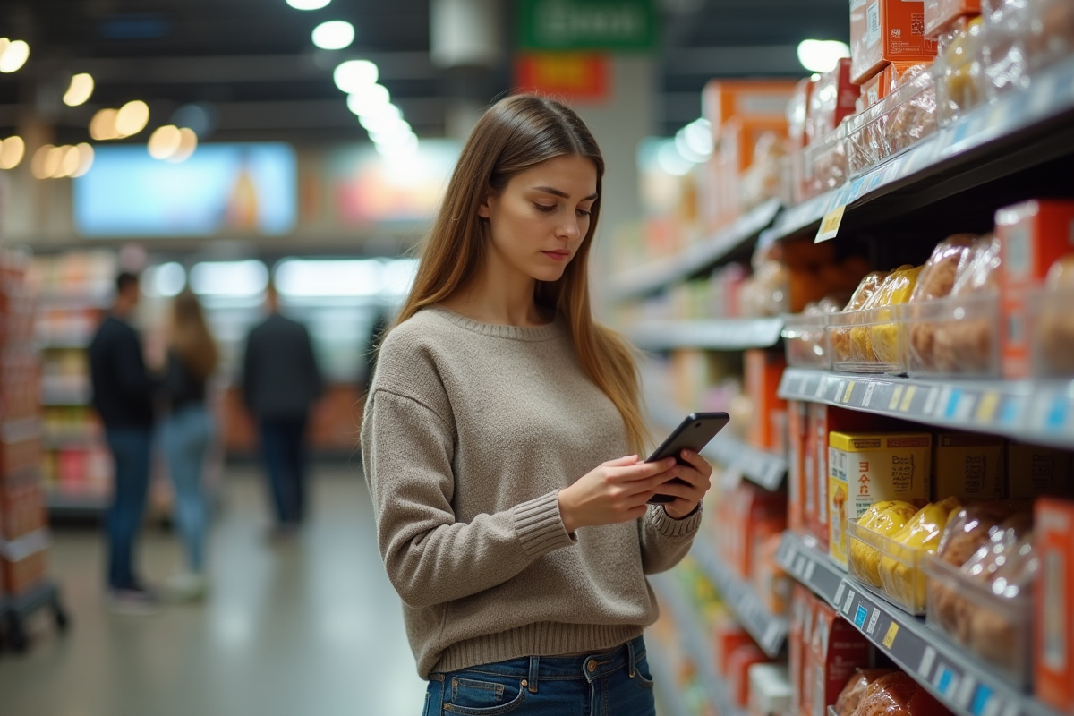 Jeune femme regardant les prix dans un supermarché