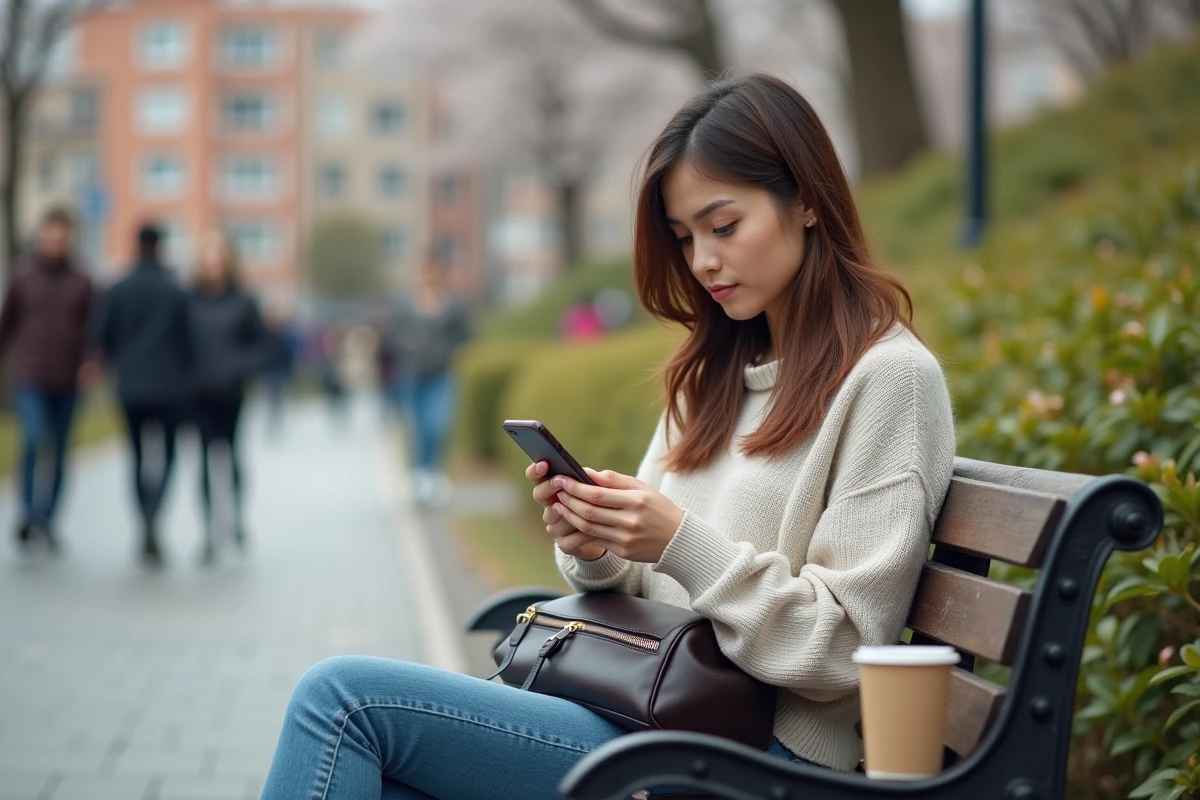 Jeune femme consulte son smartphone dans un parc urbain