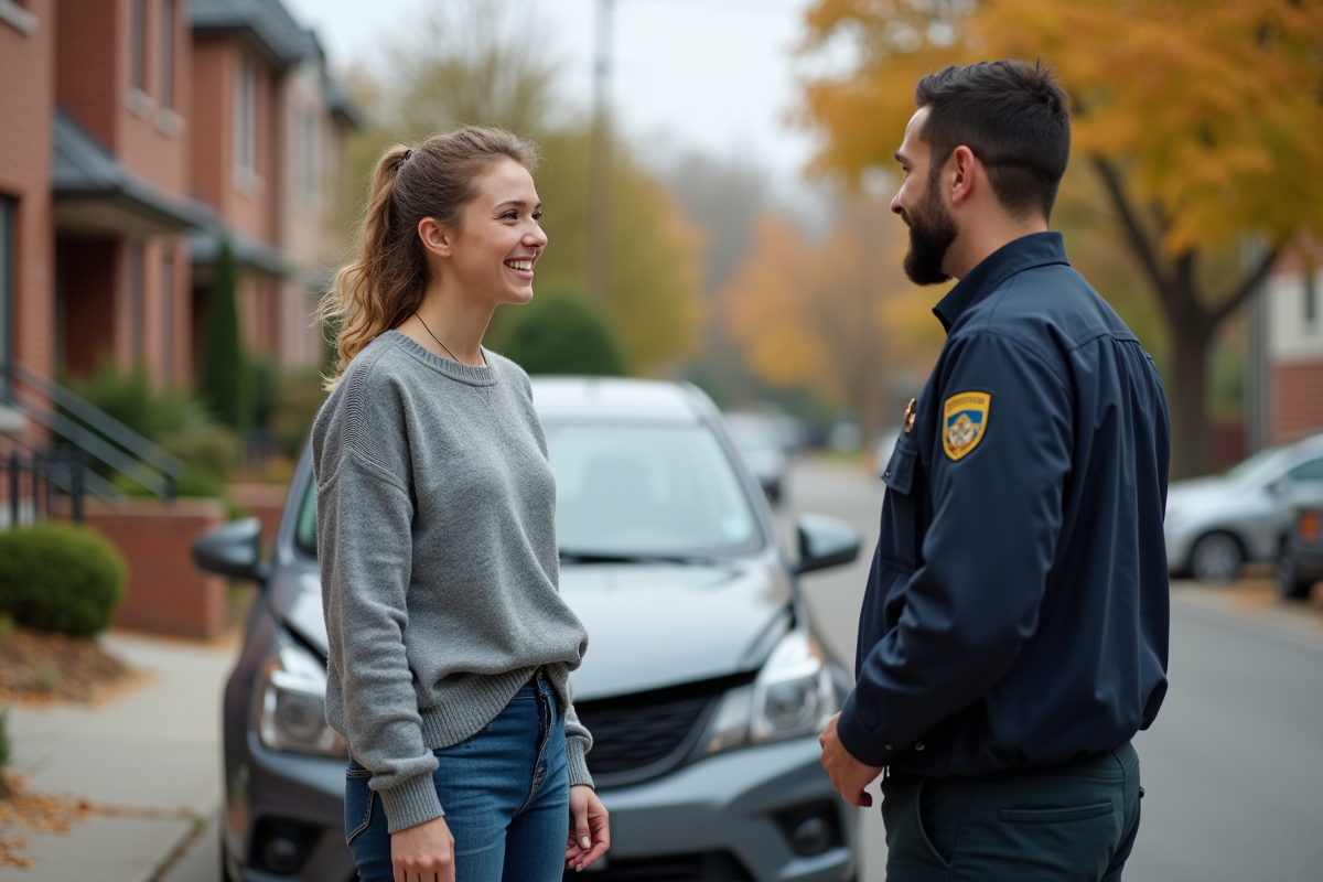 Jeune femme discutant avec agent d