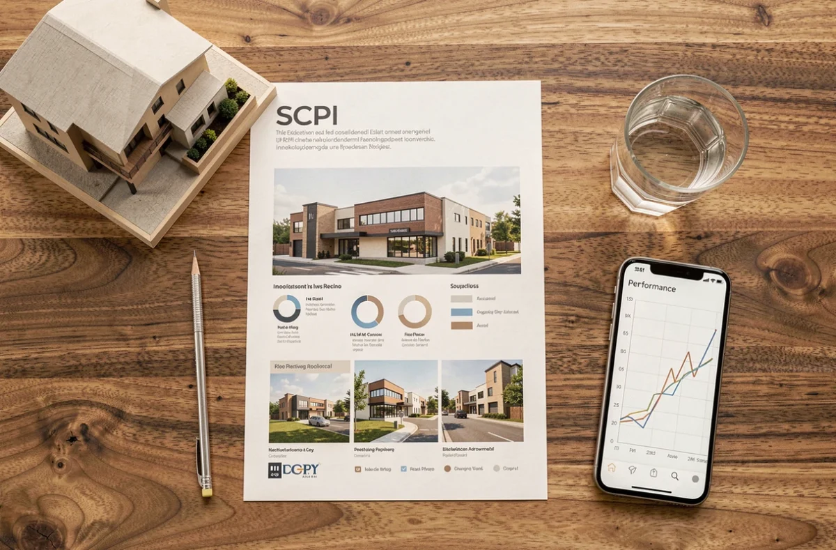 Vue aérienne d'un bureau avec brochure SCPI, maquette immobilière et graphiques de rendement