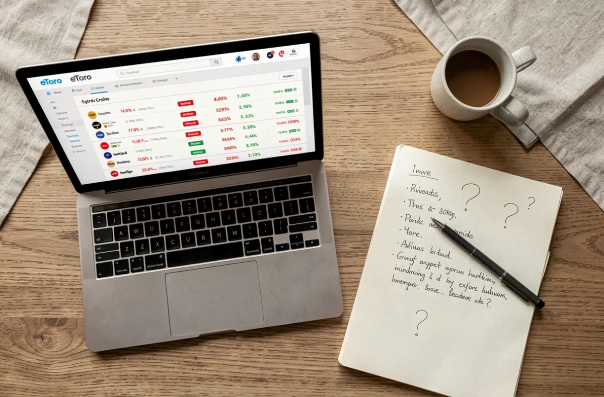 Vue aérienne d'un bureau minimaliste avec ordinateur ouvert sur eToro, carnet de notes et tasse de café pour analyser un investissement en crypto
