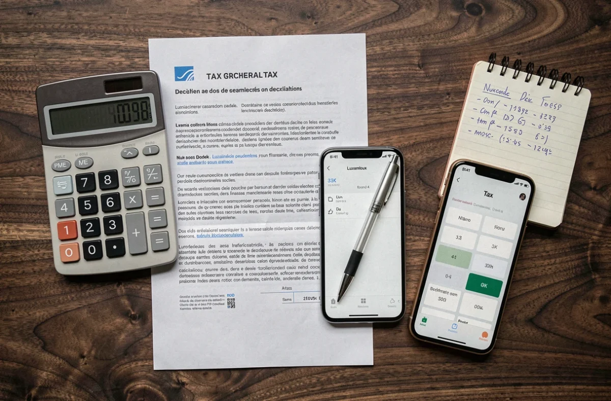 Vue de dessus d'un bureau avec calculatrice, formulaire fiscal luxembourgeois et smartphone affichant une application de calcul d'impôts