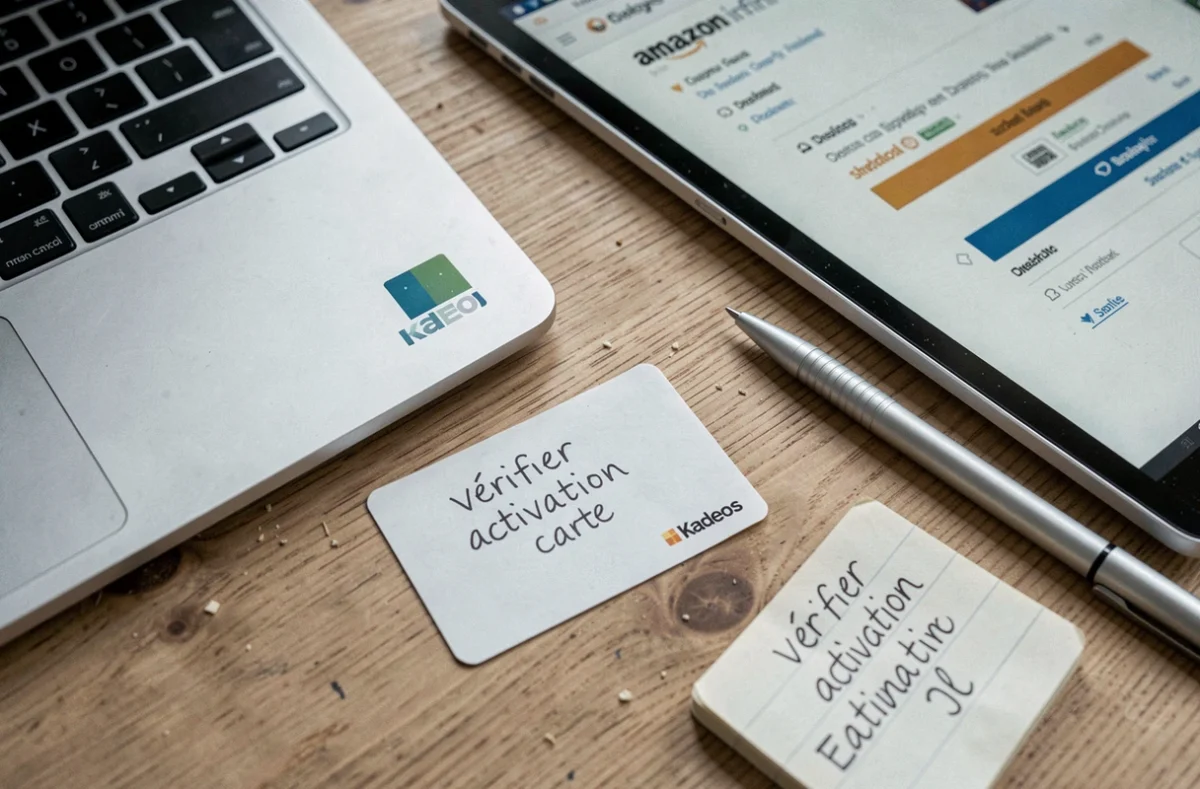 Vue aérienne d'une carte Kadeos Infini, d'un ordinateur affichant une erreur Amazon et d'un bloc-notes avec des instructions