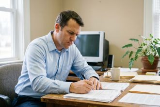 Fonctionnaire qui examine attentivement ses documents de prêt avant de contracter un nouveau crédit