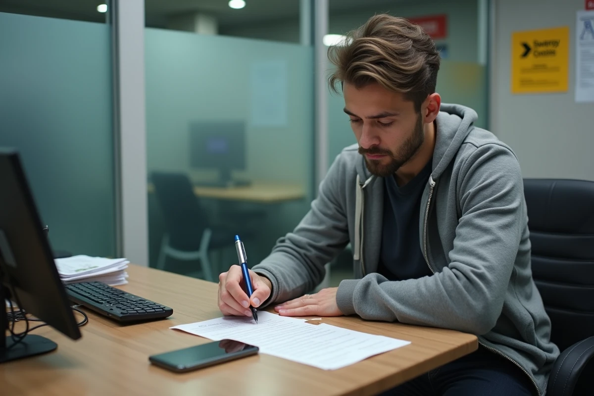 Un homme remplit un formulaire de transfert d'argent en espèces dans une agence de virement pour envoyer des fonds à un proche sans compte bancaire