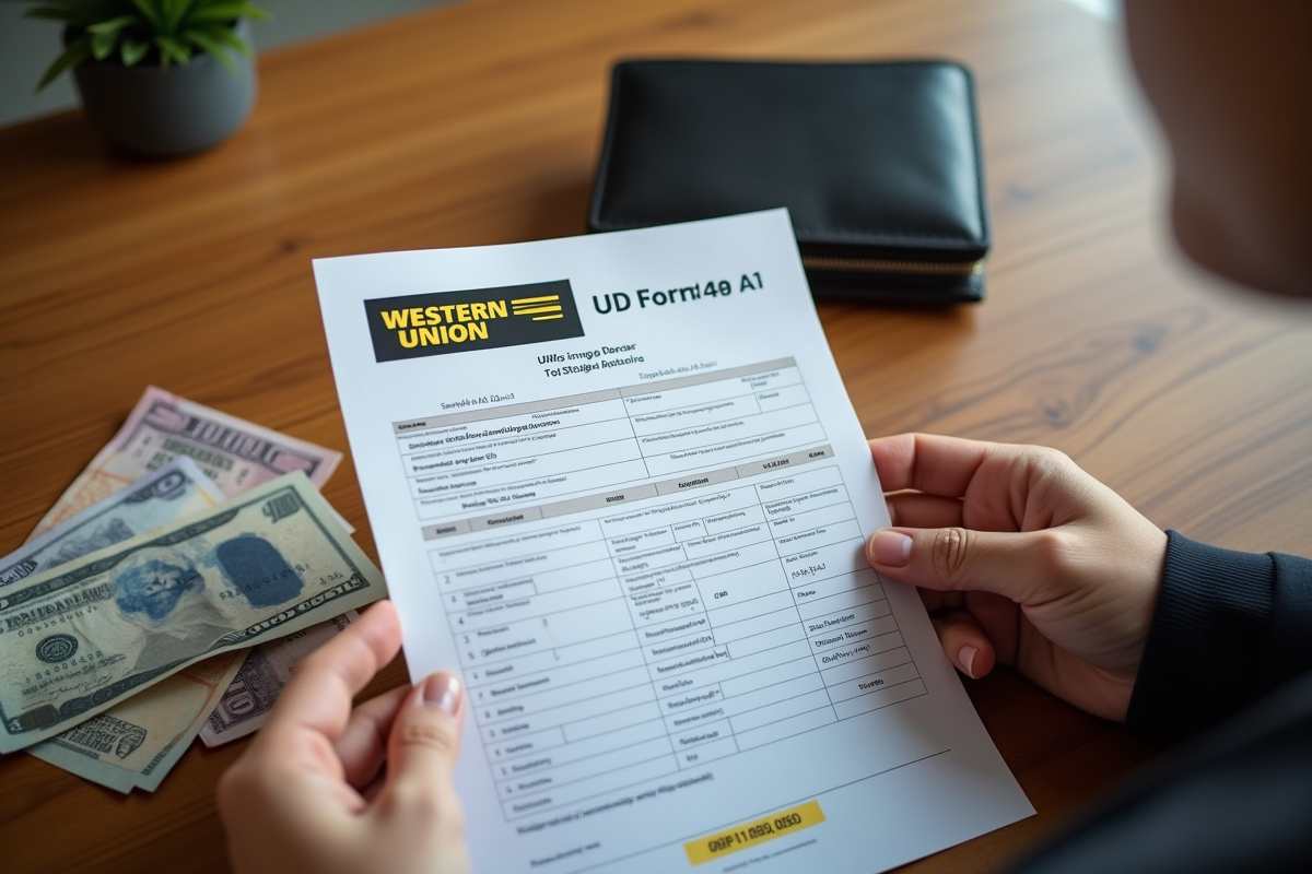 Mains tenant un formulaire de virement Western Union avec monnaie