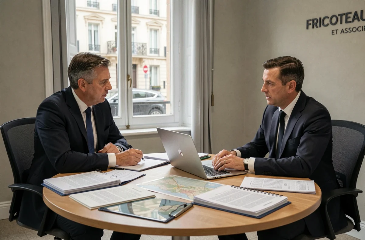 Deux notaires associés de Fricoteaux et Associés en réunion professionnelle autour de dossiers juridiques