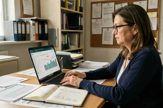 Femme gestionnaire d'une association analysant un budget prévisionnel sur ordinateur portable avec des feuilles de calcul imprimées