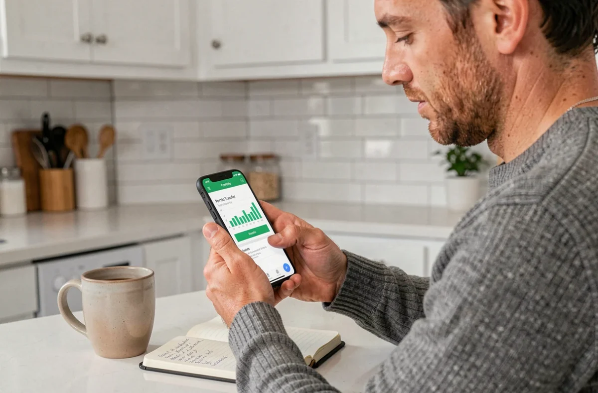 Homme gérant le transfert de son PEA sur une application mobile Boursorama tout en maintenant ses versements programmés