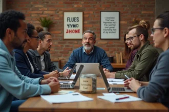 Groupe de personnes autour d'une table avec jarre de don