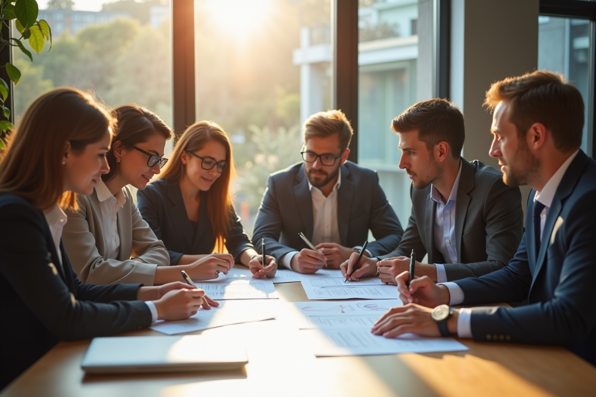 Groupe de professionnels discutant de documents légaux dans un bureau lumineux