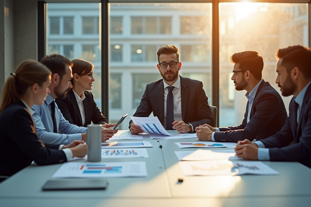 Groupe de professionnels discutant de finances en réunion