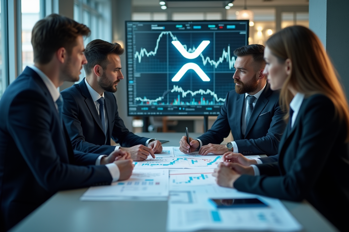 Groupe de professionnels analysant des graphiques XRP en réunion