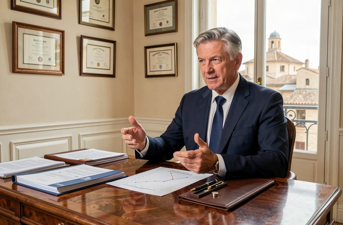 Conseiller en gestion de patrimoine Hagnéré Patrimoine assis à son bureau avec des dossiers financiers à Avignon