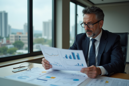 Homme d'affaires examinant des graphiques financiers dans un bureau