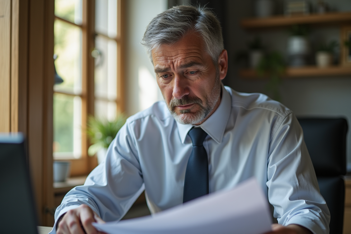 Homme d'affaires sérieux examinant des documents d'assurance à domicile