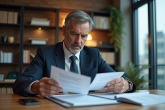 Homme d'affaires organisant des papiers dans un bureau moderne
