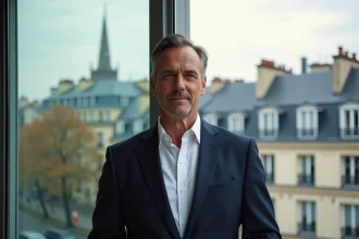 Homme d'affaires élégant devant une vue panoramique des toits de Paris, illustrant le succès et la vie parisienne d'un entrepreneur franco-américain