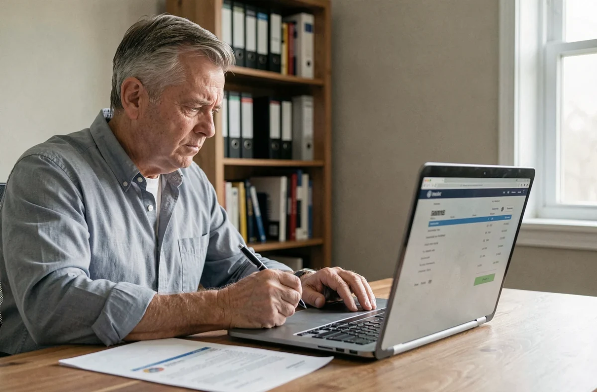 Homme analysant ses relevés bancaires en ligne à domicile pour comprendre des frais statistiques web