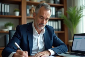Homme consultant son contrat d'assurance vie et analysant les taux de rendement annoncés par son assureur