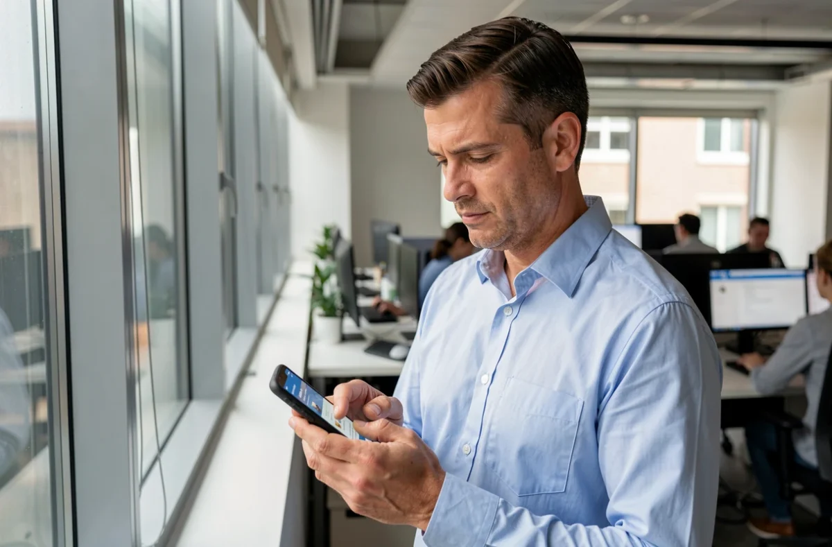 Homme vérifiant ses dépenses et revenus sur une application bancaire mobile au bureau