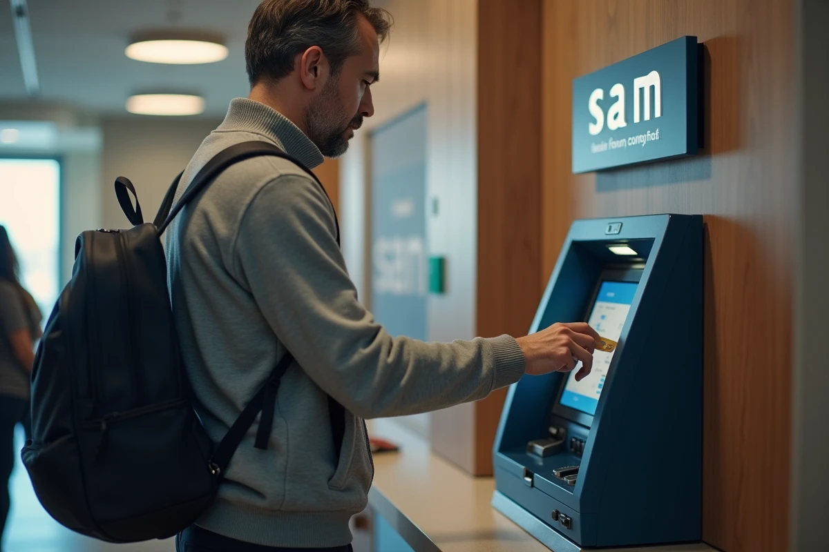 Homme utilisant un distributeur automatique de banque pour débloquer sa carte