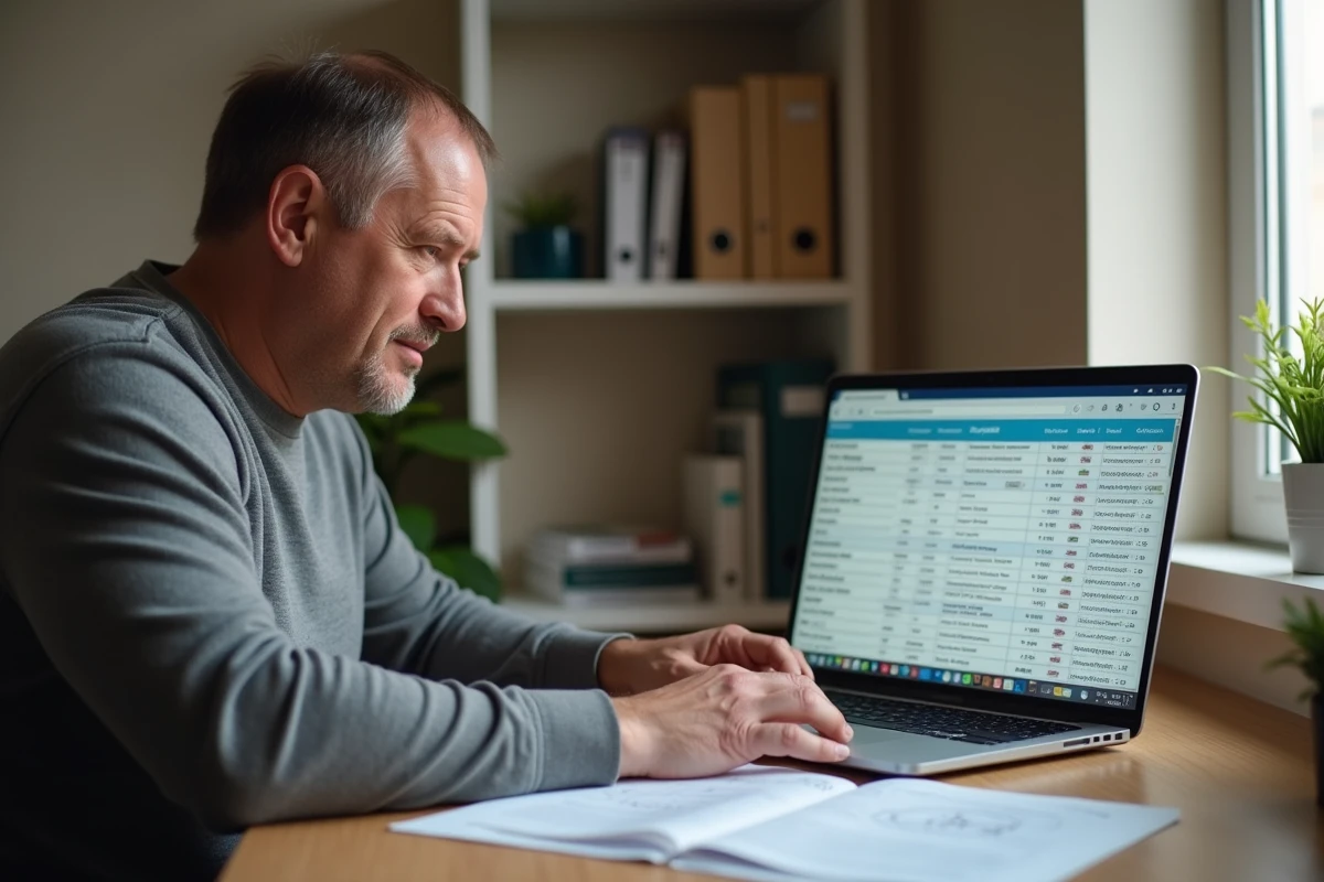 Homme consultant un budget mensuel sur ordinateur avec calendrier de pension invalidité 2026 ouvert sur le bureau