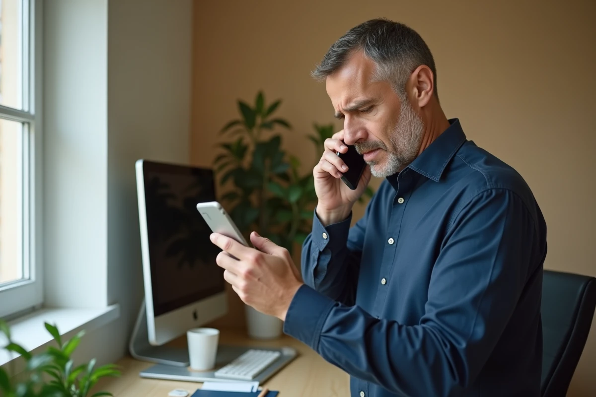 Homme au téléphone dans un bureau à domicile tentant de contacter Cofidis après un appel sans réponse
