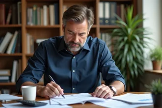 Homme d'une quarantaine d'années examinant des documents fiscaux sur un bureau en bois à domicile, expression concentrée et soucieuse face aux impôts sur le revenu
