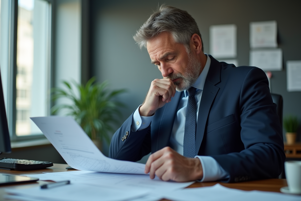 Homme d affaires en costume bleu examine documents sur la taxe carbone