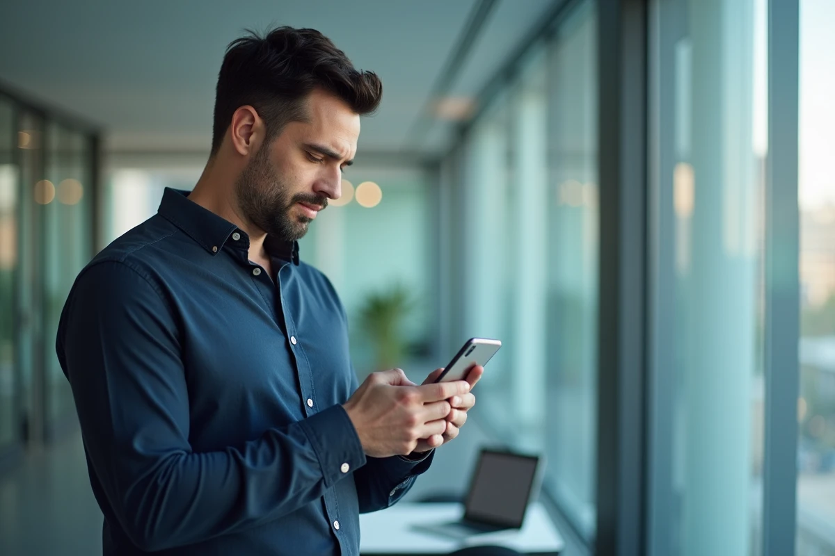 Homme en bureau consultant son espace particulier LCL sur application mobile