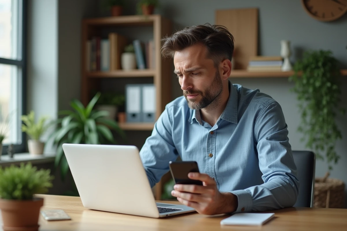 Homme d'affaires regardant son ordinateur et smartphone dans un bureau lumineux
