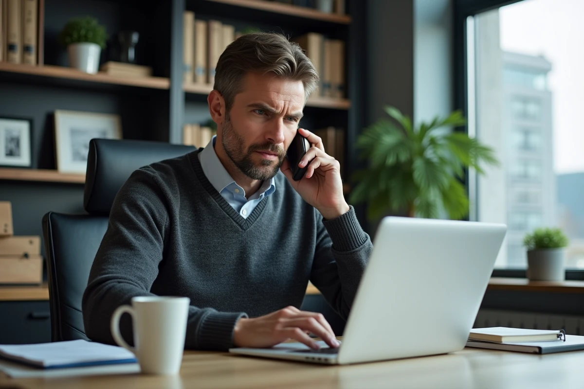 Homme d affaires au bureau parlant au téléphone