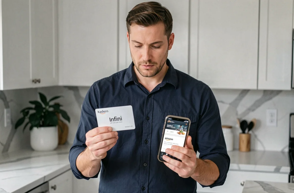 Homme tenant une carte Kadeos Infini et un smartphone affichant Amazon dans une cuisine moderne