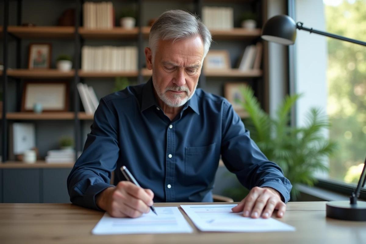 Homme comparant des documents financiers pour optimiser le plafond de son livret LEL dans un bureau à domicile